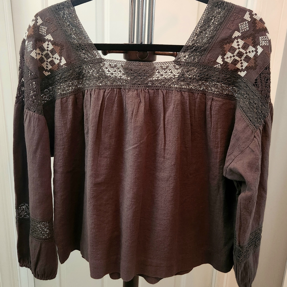 Lucky Brand Chocolate Embroidered Blouse